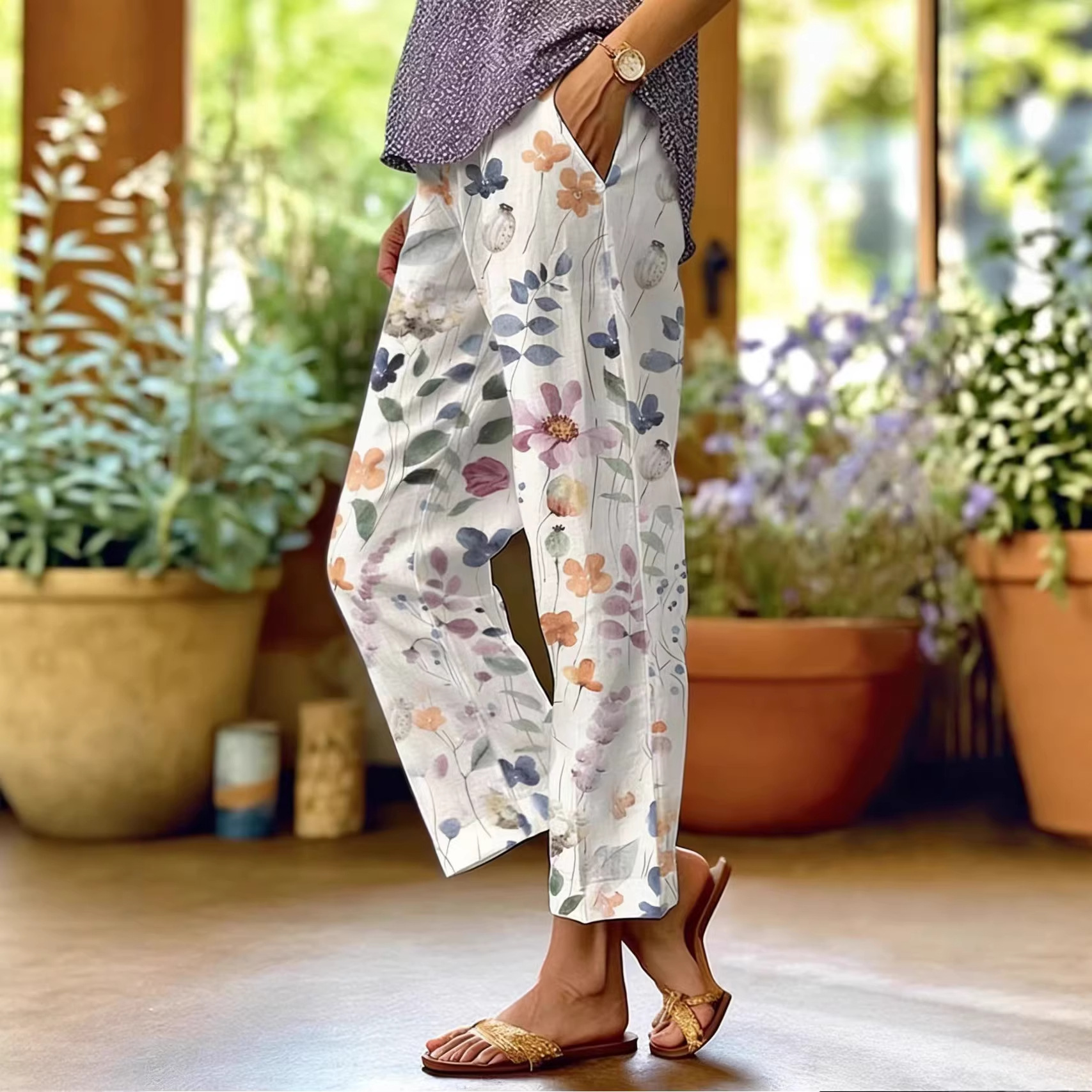 新款欧美风碎花阔腿裤 跨境爆款休闲裤