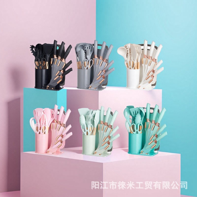 现货定制多功能不粘锅铲汤勺漏勺刀具十九件套耐高温硅胶厨具套装