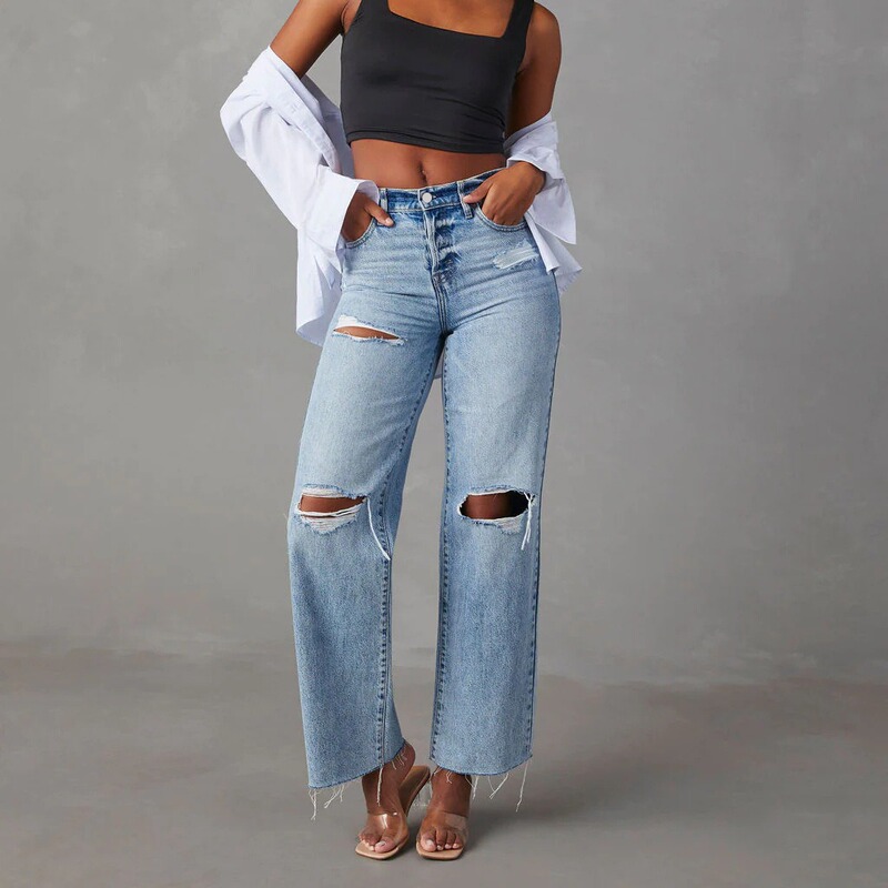 Ripped Raw Edge Jeans New European and American Casual Washed Women's Straight Pants Raw Edge High Waist Jeans