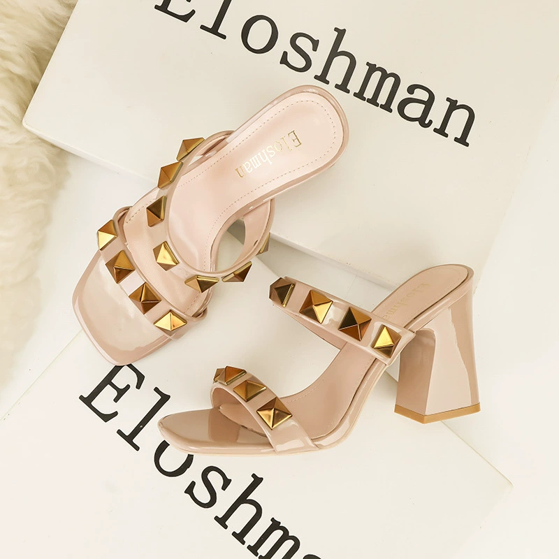 318-3 европейский и американский стиль моды сексуальный банкет высокий каблук квадратный носок с открытым носком заклепки ремешок Коренастый каблук женские сандалии
