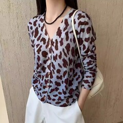 100%水溶羊毛针织衫女2025秋冬新款印花长袖V字领羊毛衫开衫毛衣