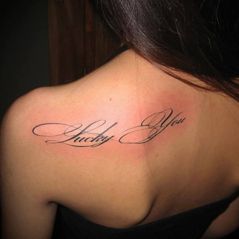 Ins Style Floral English Tattoo Sticker Lucky You Waterproof Sticker for Back and Collarbone, Long-Lasting Realistic Tattoo