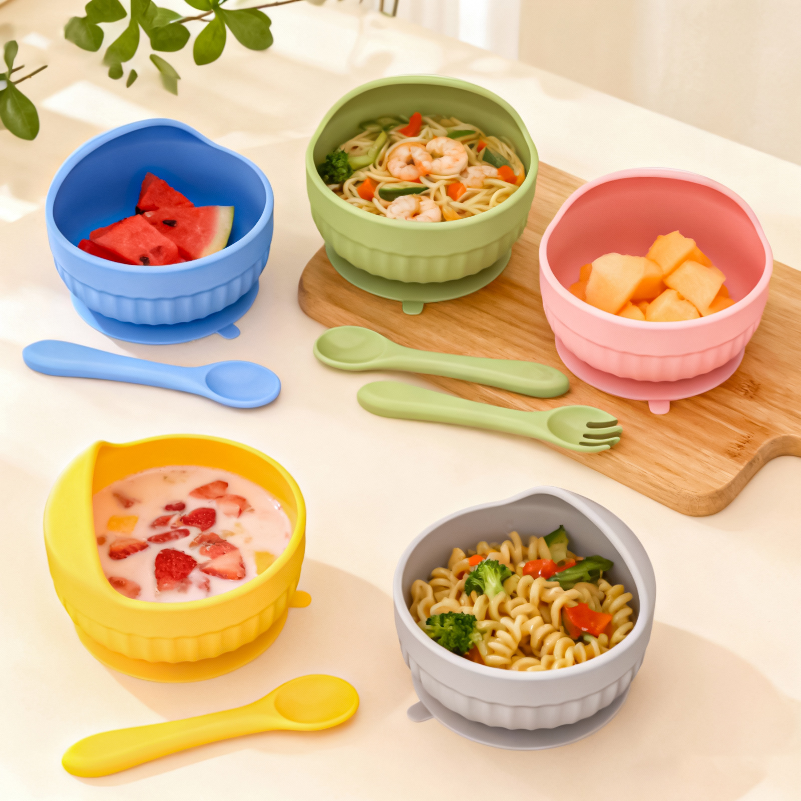 Complementary Food Bowl for Infants and Young Children, Special Suction Cup, Anti-Fall, Self-Feeding, Food-Grade Tableware, Baby Silicone Spoon and Bowl Set