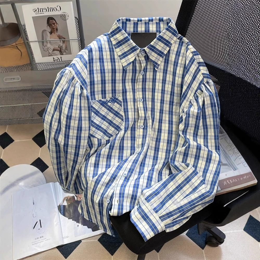 Американский прилив синяя клетчатая рубашка пальто для мужчин и женщин осенью свободная ретро-гавань стиль chic пара топ с длинными рукавами