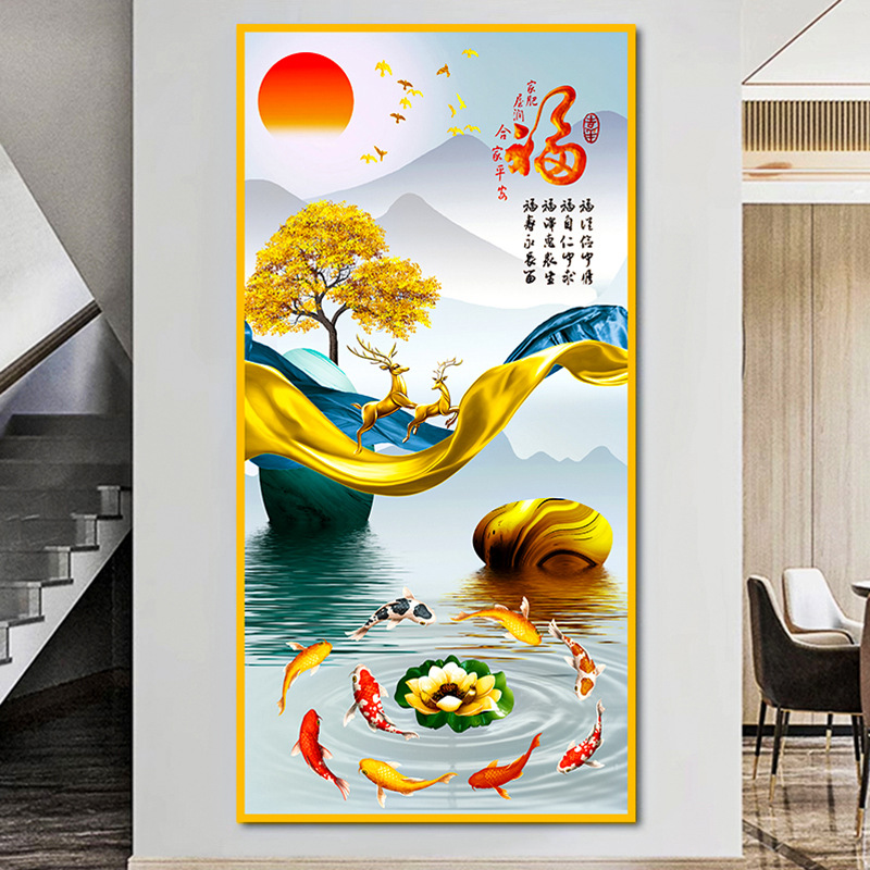 Pintura de entrada de pintura tradicional china Pintura de decoración del pasillo frente a la puerta Pasillo de nueve peces Pintura colgante de fondo de lujo ligero Pintura mural
