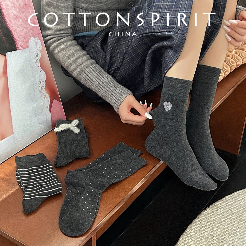 25 Autumn and Winter Gray Socks Polka Dot Pile Socks Korean Style Bow Warm Wool Mid-Calf Socks