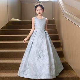 儿童走秀礼服外贸款提花缎面无袖长裙女童音乐会演奏合唱演出礼服