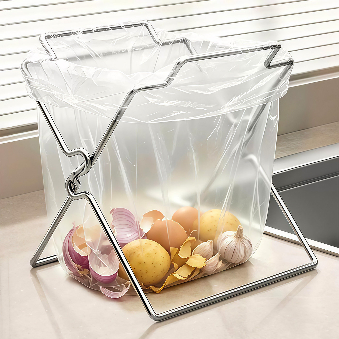 Kitchen stainless steel garbage rack, desktop garbage bag holder, storage rack, magic countertop plastic bag support stand