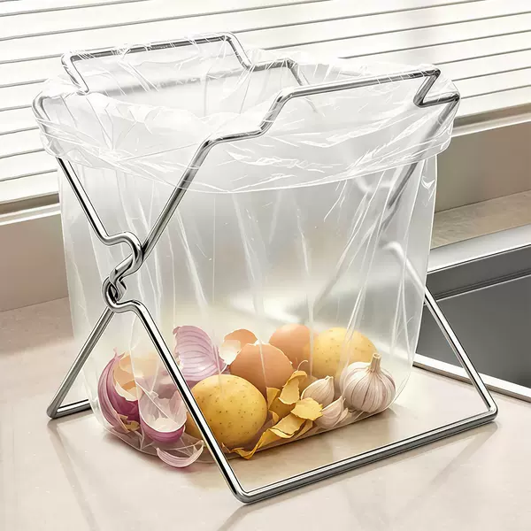 Kitchen stainless steel garbage rack, desktop garbage bag holder, storage rack, magic countertop plastic bag support stand