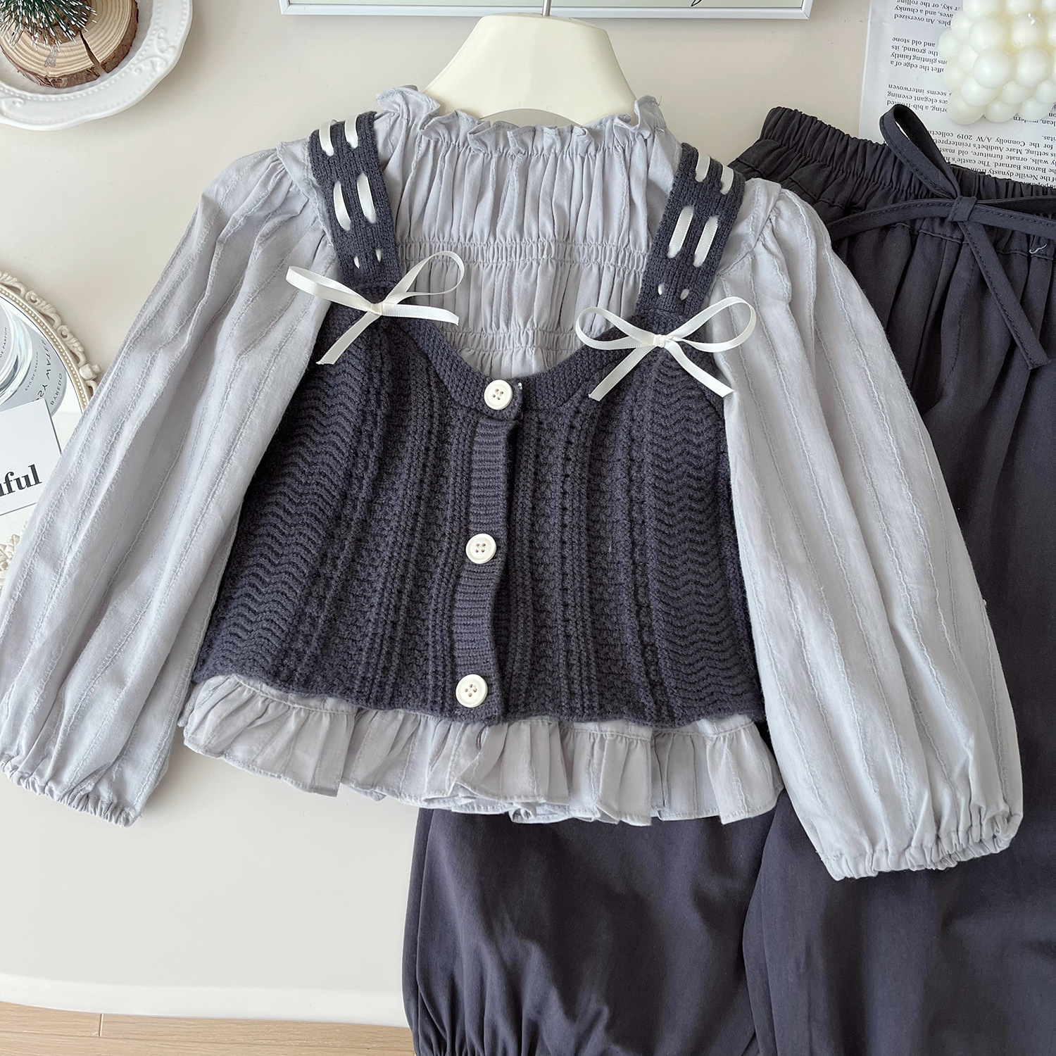 Mädchen Strickweste Mit Puppenkragenhemd Und Hose Set_voghion.com