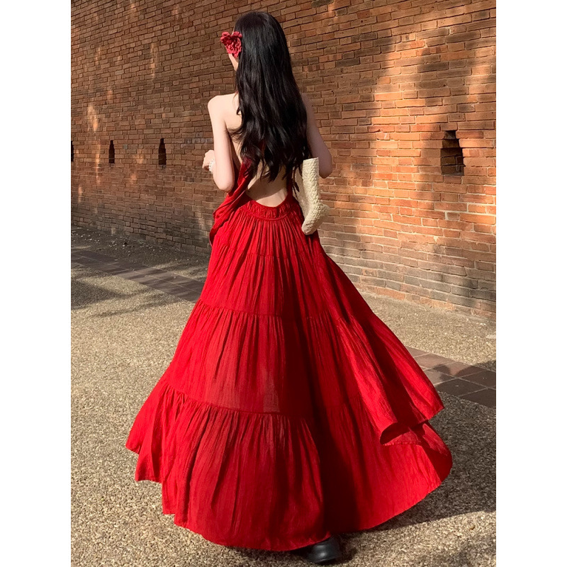 Summer New Style Seaside Vacation Beautiful Backless Sexy Slit Slimming Long Skirt French Red Strap Dress