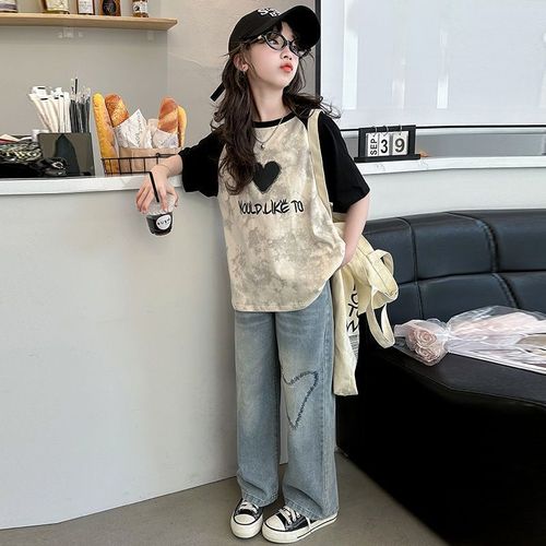 Mid-to-late childhood girls' summer short-sleeve raglan T-shirt, fresh and casual half-sleeve trendy top