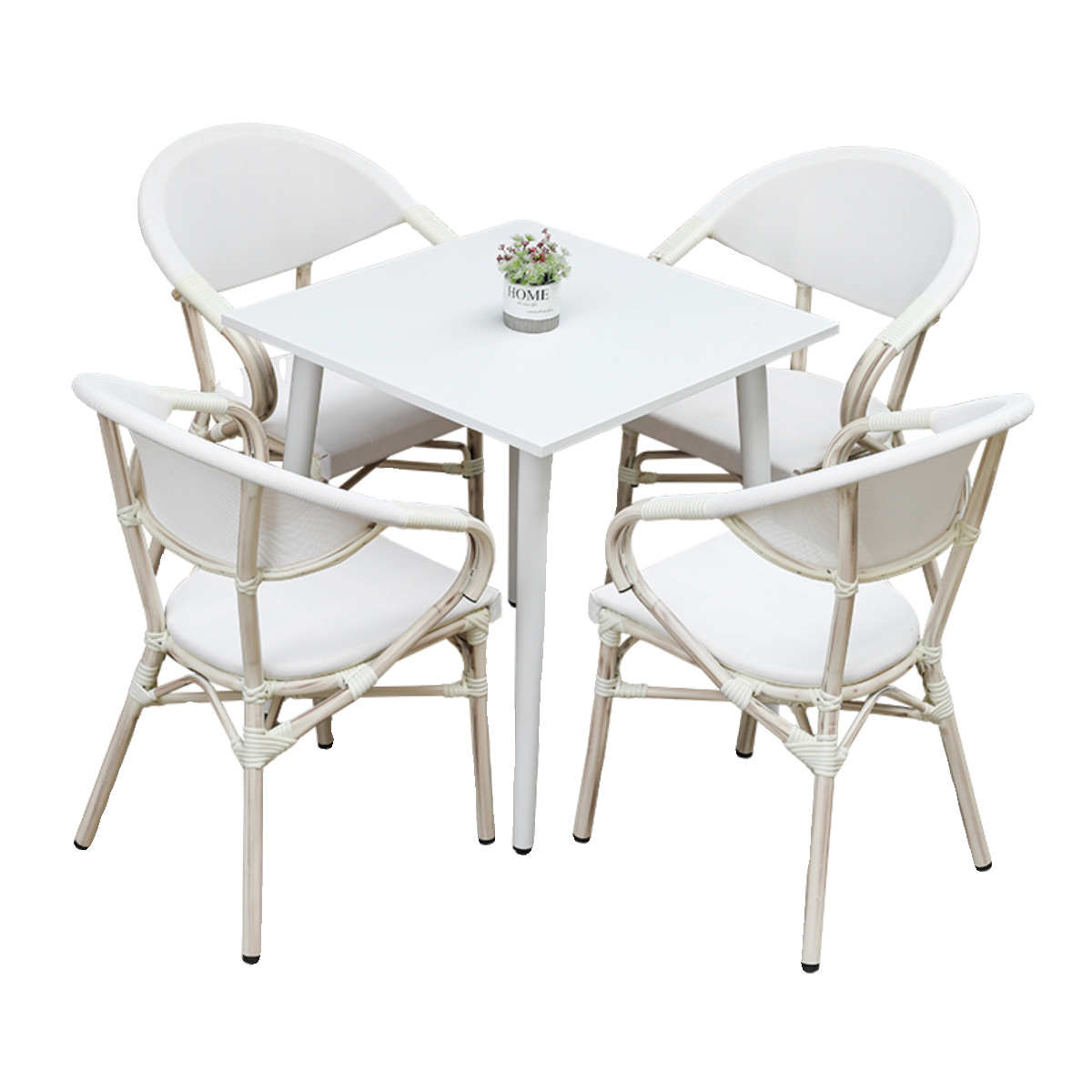 Tienda de té con leche Mesas y sillas al aire libre Sillas de mimbre de ocio de patio Juego de tres y cinco piezas Mesas y sillas exteriores de café Protector solar impermeable blanco