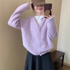 温柔风爱心扣针织开衫女秋冬新款韩系小个子圆领卷边软糯毛衣外套