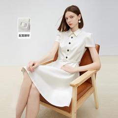 Langシリーズ2025夏新作白半袖ラペルウエストドレス肩パッド付きハイエンド気質スカート女性用