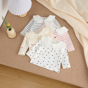 Baby and Young Children's Lace Doll Collar Striped Printed Long Sleeve T-Shirt Baby Girl's Base Shirt Children's Wear Spring and Autumn Korean Style