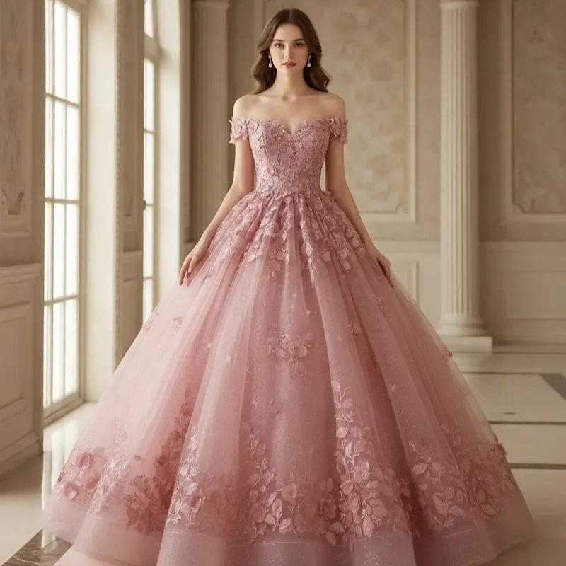 One-Shoulder Heavy Floral Embellished Evening Gown for Adult Ceremony 2026 Prom Ball Gown with Puffy Skirt for Vocal Performance Solo Performance Long Dress