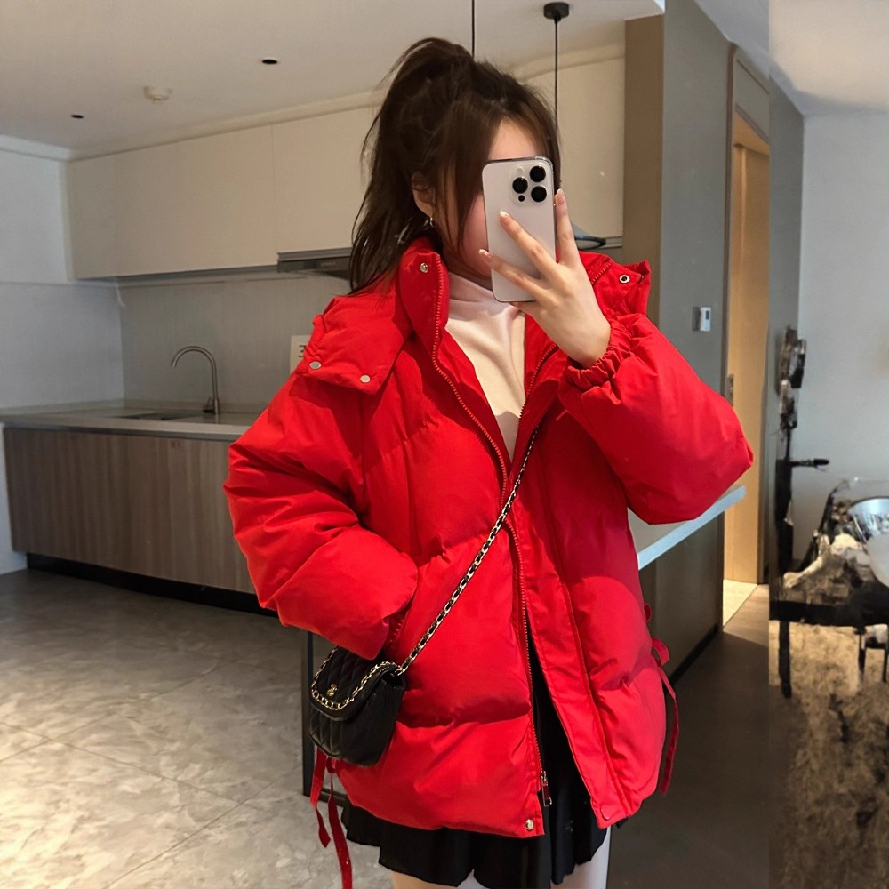 Red down Jacket for Women 2025 Winter New High-End Thickeneded Hooded Short Jacket for Small People 90 White Duck down
