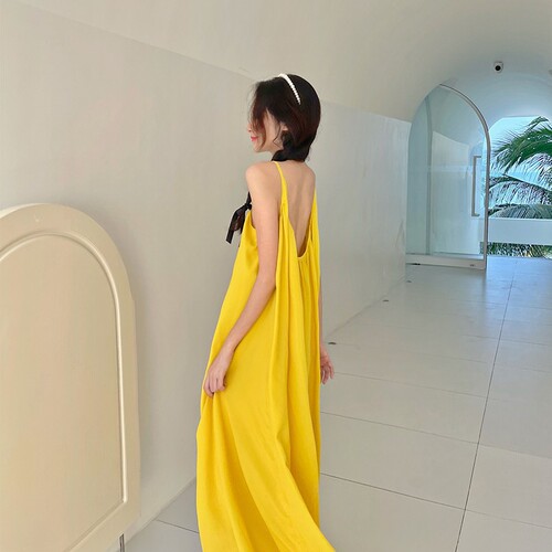 Beach Vacation Sexy Backless Strappy Dress for Women Summer Loose A-Line Skirt Gentle Yellow Long Dress