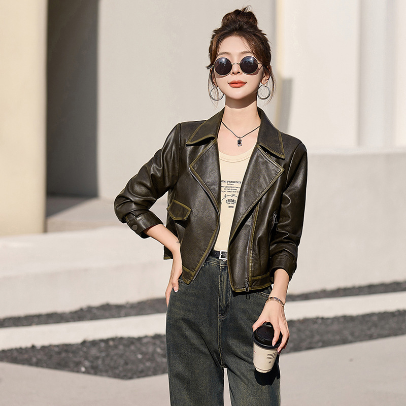 Haining Leather Jacket for Women, Short Style, New Fashion Casual Suit Collar Biker Jacket, Women's Age-Reducing Leather Coat, Stylish