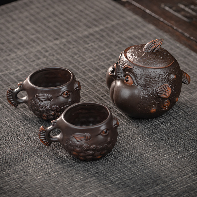 Purple Clay Tank Teapot Cup Purple Pottery Tea Set One Pot Two Cups Creative Special-Shaped Reception Teapot Master Cup