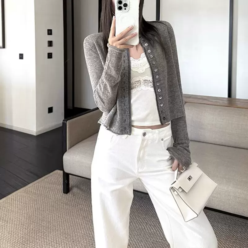 羊驼毛混纺针织短款开衫上衣女秋季圆领显瘦百搭长袖打底衫2025秋