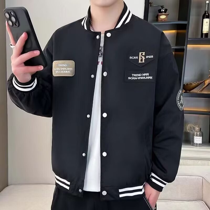 American Baseball Suit Men's Black and White Thin Coat Academy Style Senior high school Junior High School Student Jacket 2024 Spring and Autumn Cardigan American Baseball Suit Men's Black and White Thin Coat Academy Style Senior high school Junior High School Student Jacket 2024 Spring and Autumn Cardigan