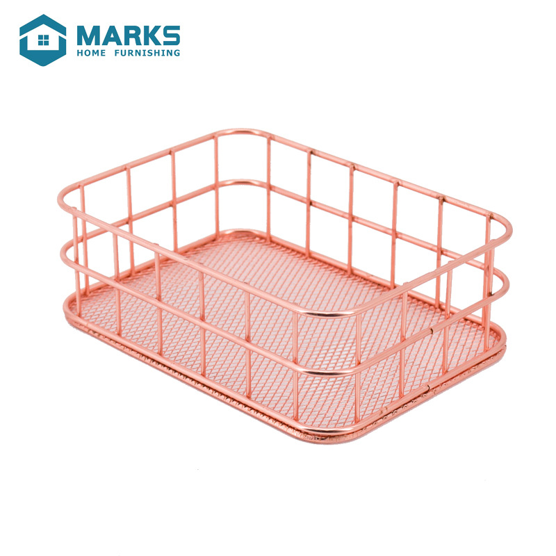日式铁艺玫瑰金收纳筐桌面整理篮杂物护肤品小物件收纳架置物篮