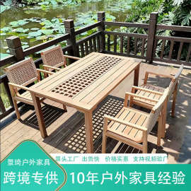 户外新中式桌椅庭院酒店休闲实木椅室外格栅长凳露台防腐柚木餐桌