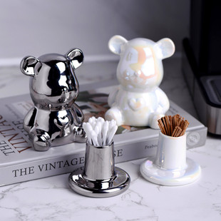 Bear toothpick holder cute high-looking ceramic personalized creative floss box cotton swab bucket desktop storage jar decoration