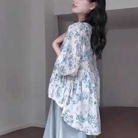 大码胖文艺减龄蝙蝠袖碎花衬衫女夏季设计感小众娃娃衫衬衣上衣