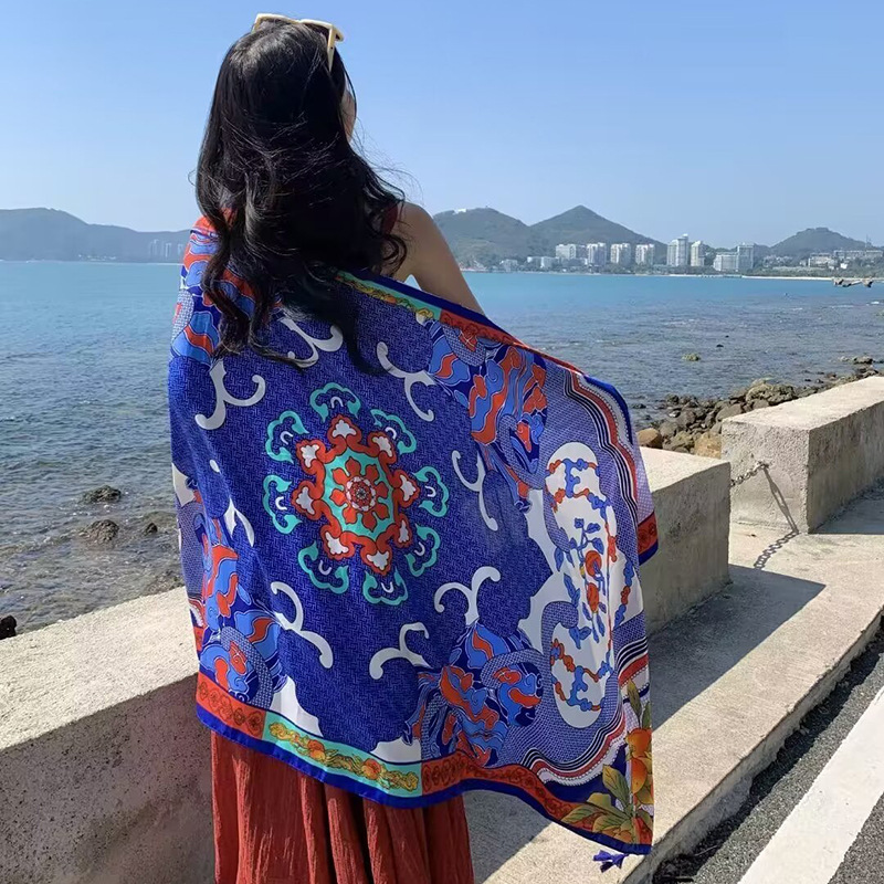 Sopa de satén de twill para mujeres 2025 bufandas de viento nacional de verano tibetanas bufandas de seda protector solar lago Qinghai turismo foto toalla de playa