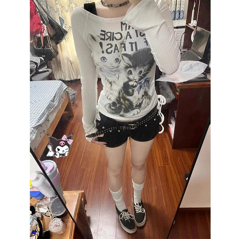 Американский винтажный кот с воротником белая футболка с длинным рукавом женская летняя 2024 новая тонкая талия сладкий пряный топ