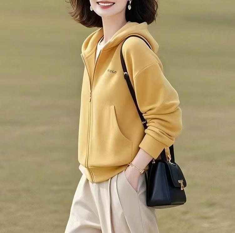 2025春秋新款短款显瘦减龄漂亮洋气小个子百搭黄色连帽卫衣外套女|undefined