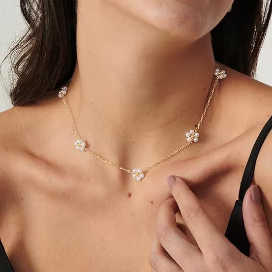 Европейское и американское трансграничное ожерелье из титановой стали с плетеным цветком и жемчугом, цепочка ручной работы из бисера, цепочка на ключицу, ожерелье, ювелирные изделия оптом для женщин