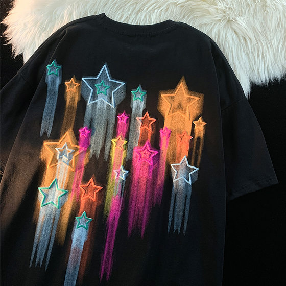 Oversize 300kg chubby girl star printed short sleeve T-shirt women's cotton summer loose bf couple half sleeve top tide