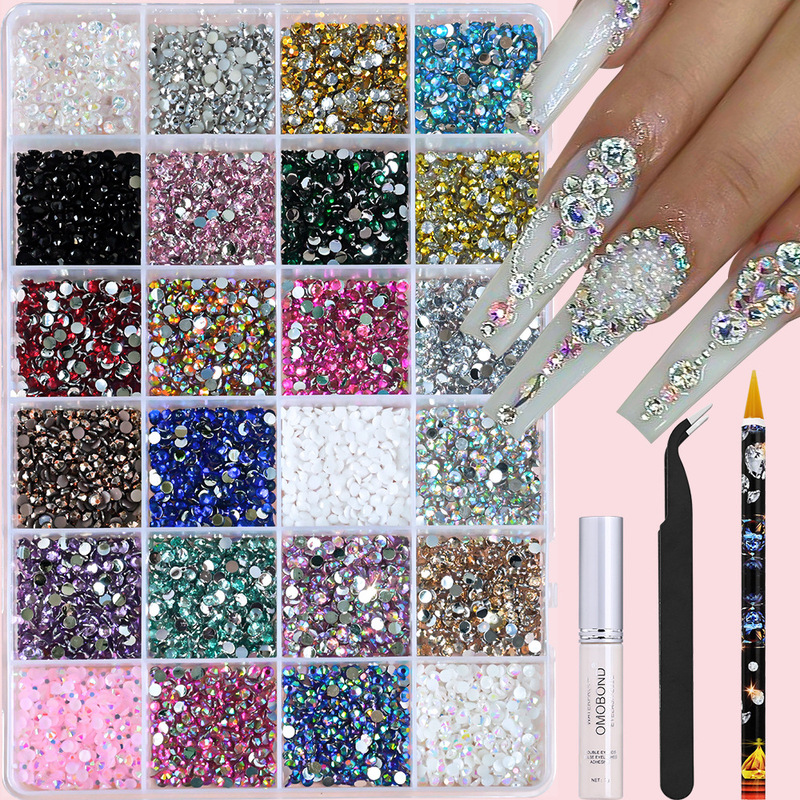 24-Grids Nail Art Decoration Resin Diamond Set Comes with Elbow Tweezers, Crayons, Sticky Diamond Glue, Affordable Nail Art Jewelry Set