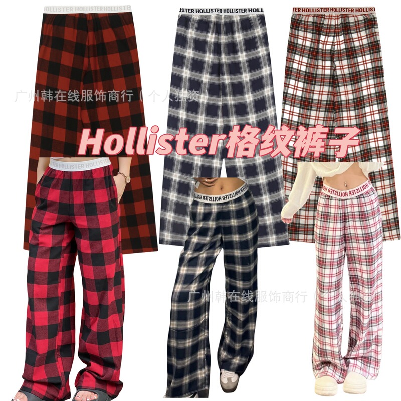 Hollister Plaid Letter Web Casual Pants Little Seagull Web Plaid Pants Same Style as Little Sweet Potato