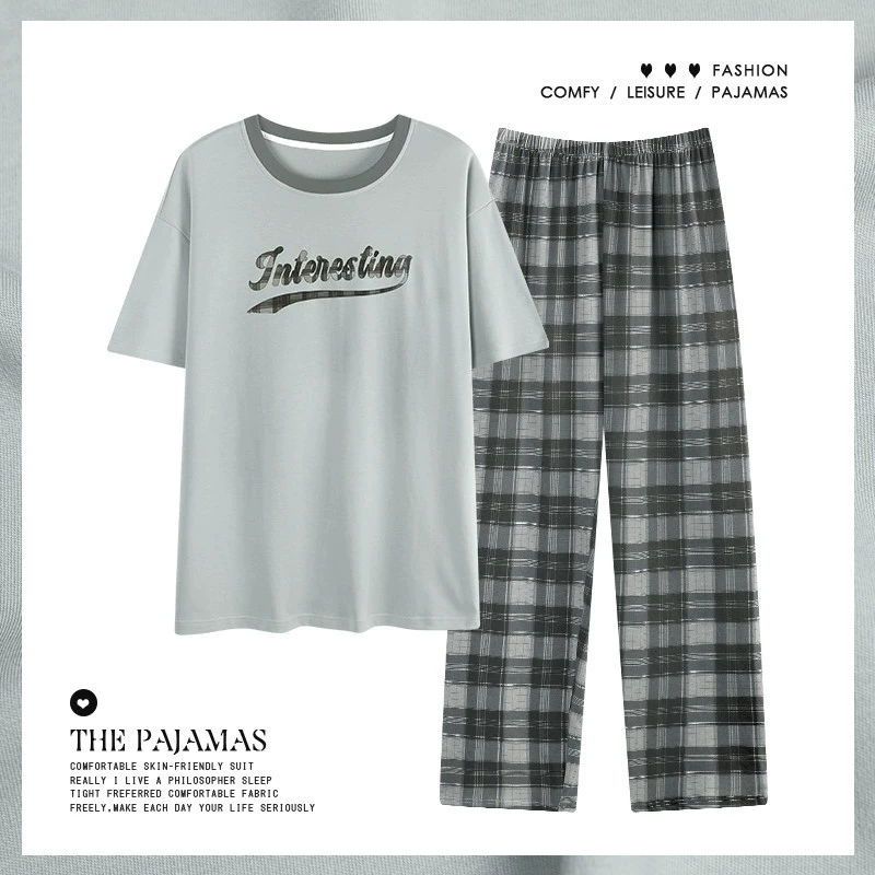 Пижамы мужские летние из чистого хлопка с короткими рукавами и брюками 2025 новые весенне-осенние мужские домашние костюмы, которые можно носить на улице с принтом