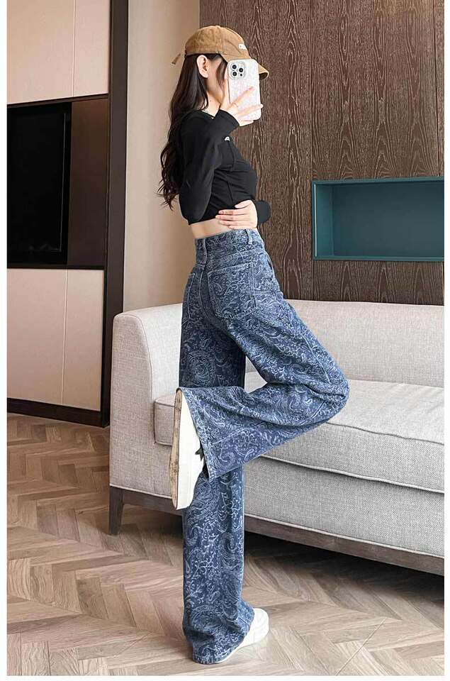 Quần jean ống rộng nữ in họa tiết, lưng cao, form suông dài — màu nâu, màu xanh chi tiết 18