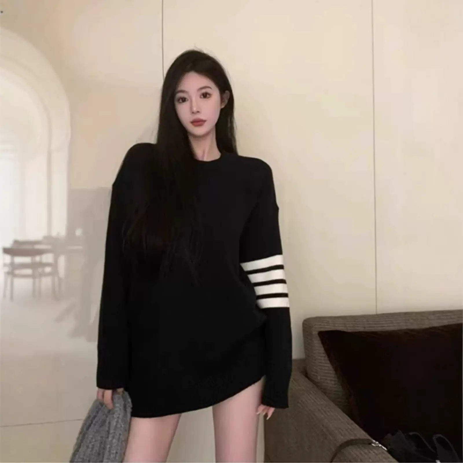 慵懒风条纹毛衣女韩系宽松休闲百搭软糯中长款针织上衣秋冬季新款