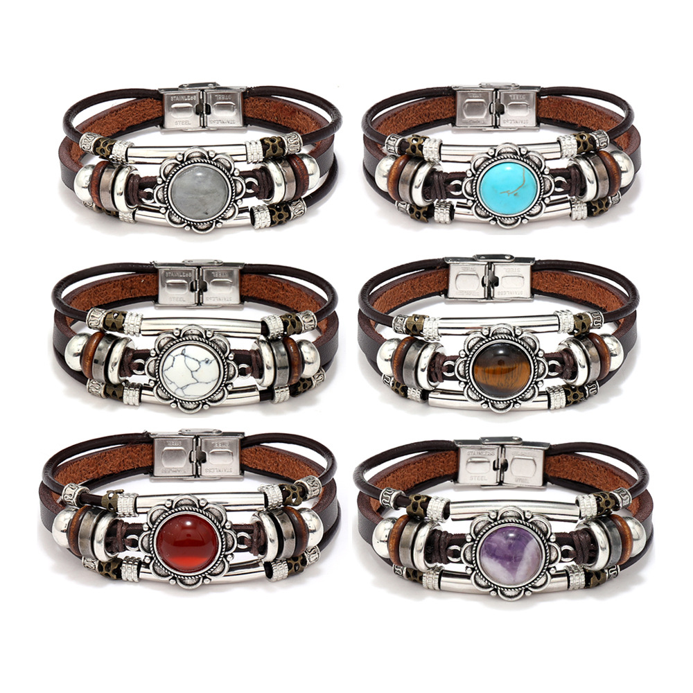 1 Piece Retro Flower Pu Leather Inlay Turquoise Unisex Bracelets