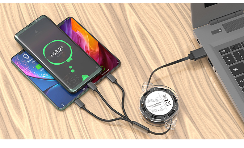 Crystal retractable data cable with one to three logo gifts three in one easy storage universal mobile phone 3A fast charging cable
