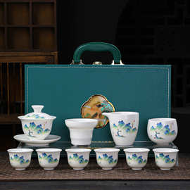 高档羊脂玉白瓷水墨盖碗功夫茶具套装礼盒整套盖碗陶瓷伴手礼品