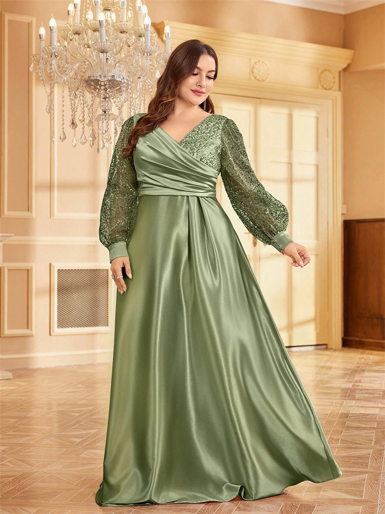 ChicShe Cross-Border Neues elegantes Plus-Size-Kleid aus Satin mit Pailletten, langen Ärmeln, V-Ausschnitt, schmal geschnitten, für Brautjungfern, Bankette und Abendveranstaltungen_voghion.com