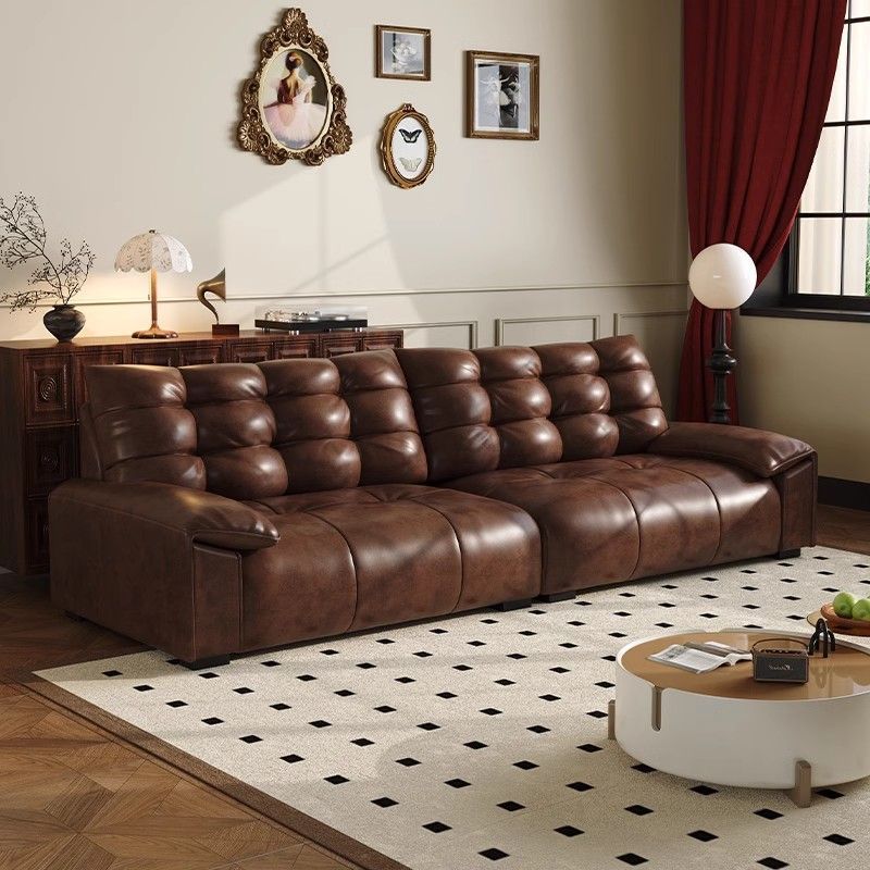 Retro-style Italian leather sofa, oil wax leather sofa, large black bear design, suitable for small living rooms, simple leather art, straight-line arrangement