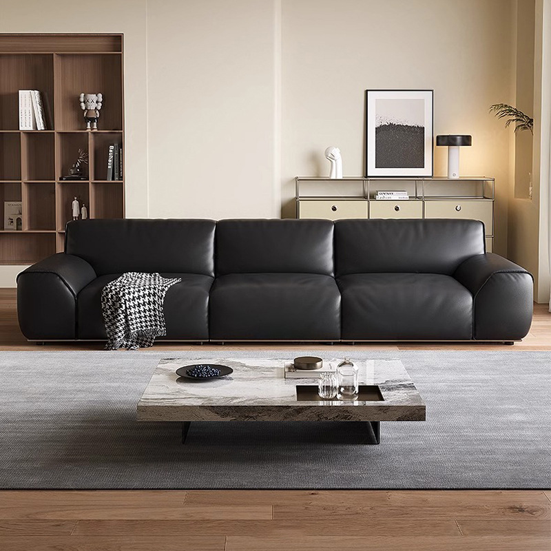 Sofá de cuero minimalista italiano, sofá de salón en línea recta, sofá de cuero completo, gran vaca negra, negro, nuevo estilo 2025