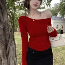 一字肩长袖T恤女春季甜辣性感露肩打底衫修身显瘦斜肩设计感上衣