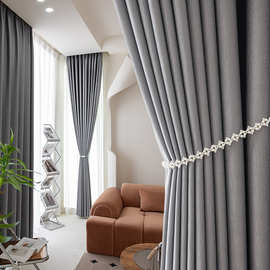日式压皱肌理纹高遮光窗帘布现代简约客厅卧室落地窗布艺窗帘成品