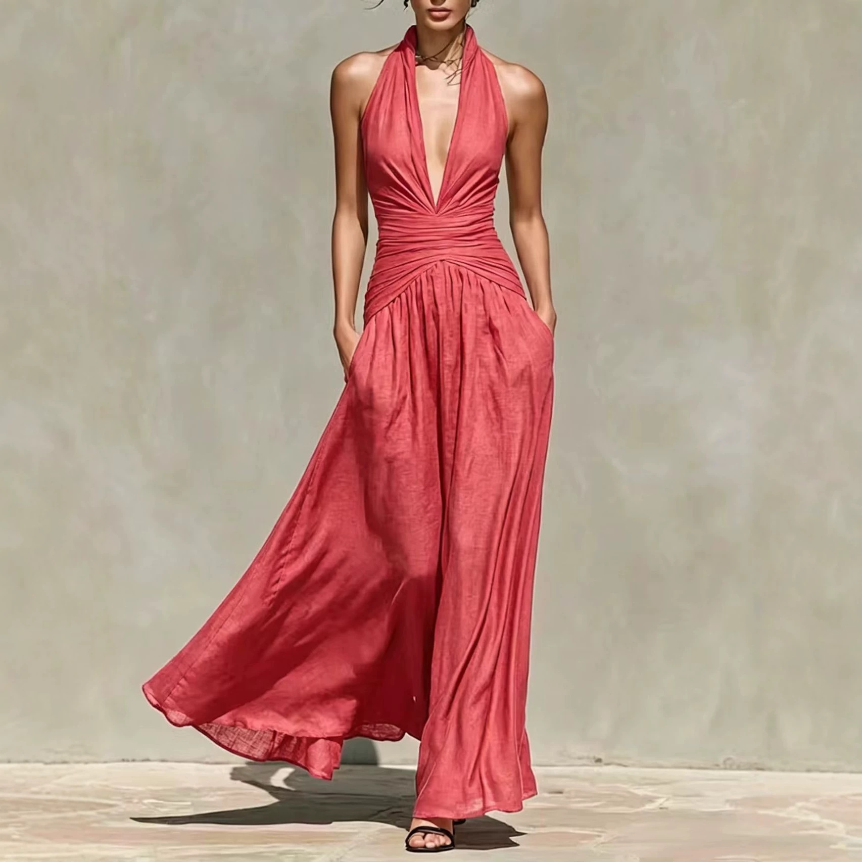 Comercio exterior exclusivo para Europa y América sexy cuello profundo vestido de cuello en V cintura delgada vestido de vacaciones largo sin mangas